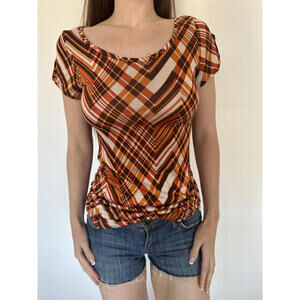 Orange Plaid Y2K Cap Sleeve Top